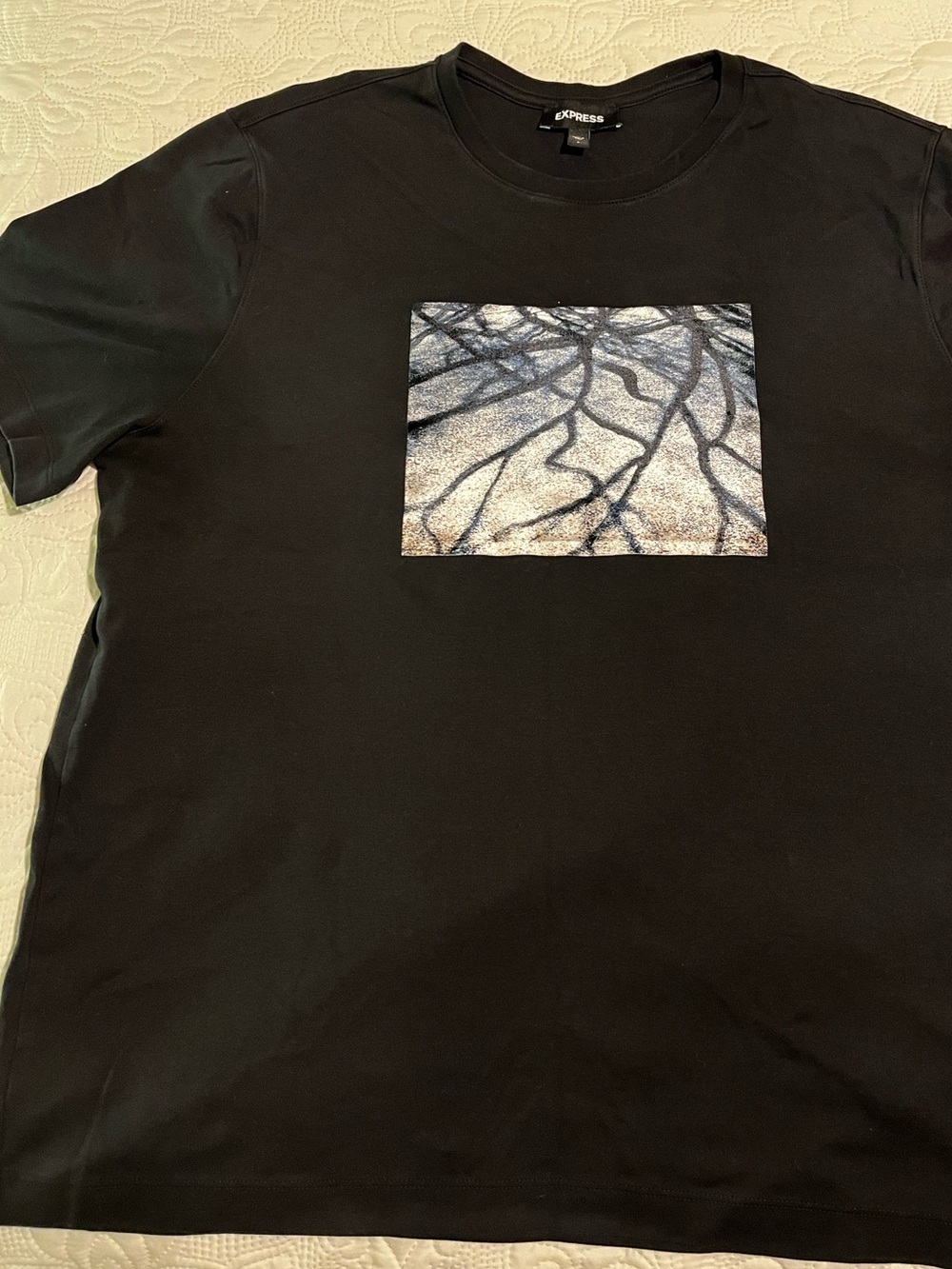 Express Black Short Sleeve Crewneck Tee with Abstract velvety Square Graphic